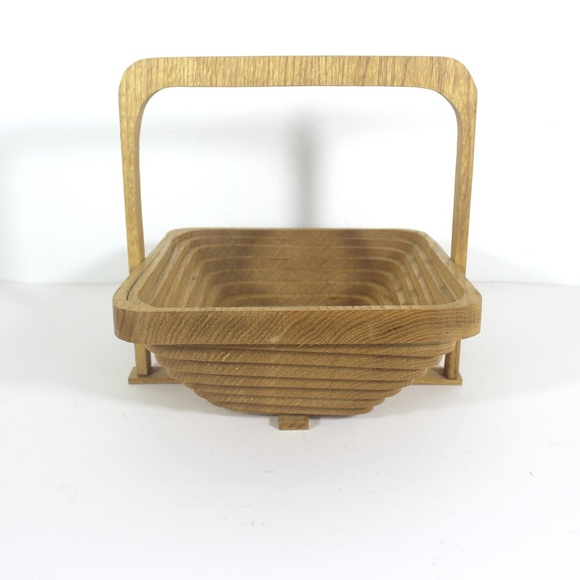Vintage Oak Wood Collapsible Basket Bowl, Mid Century Modern, Folding Bowl - Picture 1 of 9